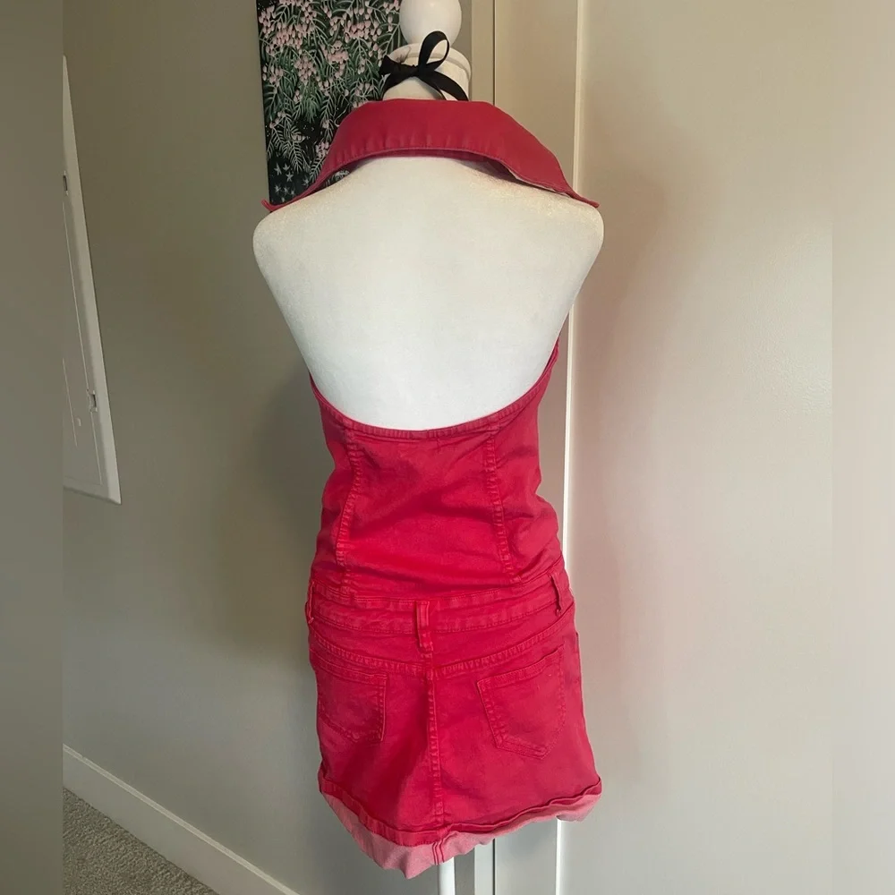 (Sold)pink bebe slee collar sleeveless halter denim dress - Picture 4 of 5